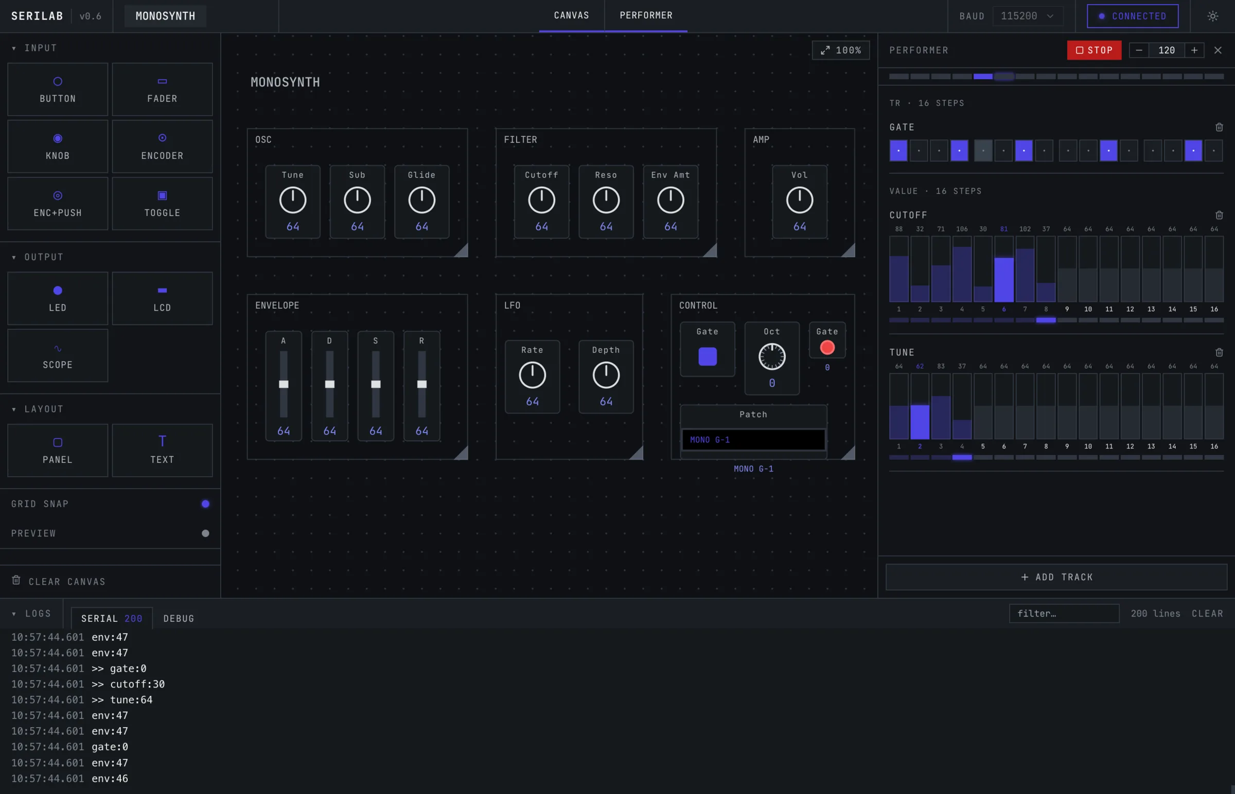 The Serilab app: a control surface with knobs, faders and LEDs.